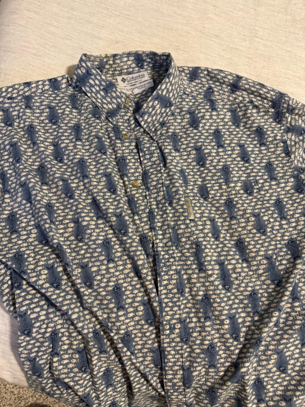 Columbia Blue and White Fish Print Casual Button Down Shirt